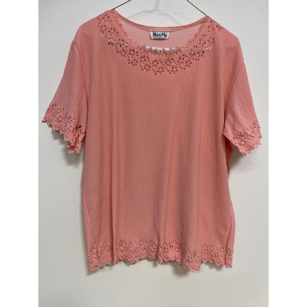Maxima USA Coral Pink Eyelet Lace Trim Crinkle Short Sleeve Blouse Top